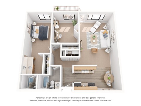 Floor plan for 1 bed, 2 baths, 1040 sqft